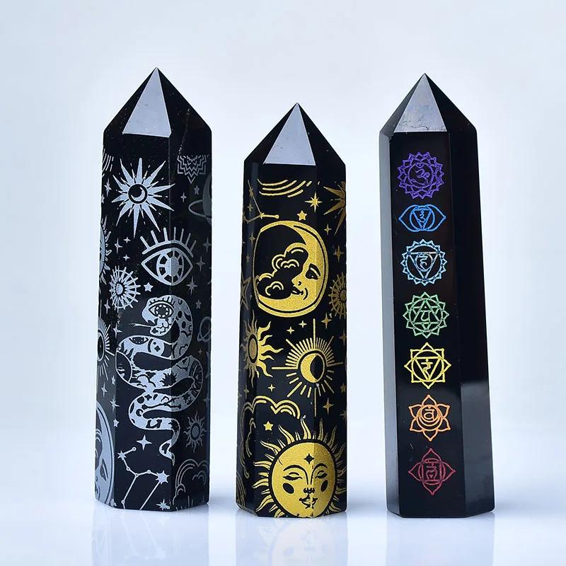 Tour d'obsidienne avec étoiles et lunes dorées : baguette de guérison des chakras et décoration