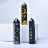 Tour d'obsidienne avec étoiles et lunes dorées : baguette de guérison des chakras et décoration