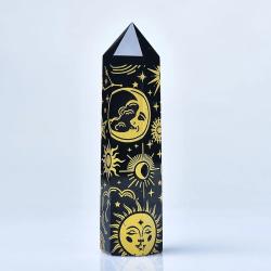 Tour d'obsidienne avec étoiles et lunes dorées : baguette de guérison des chakras et décoration