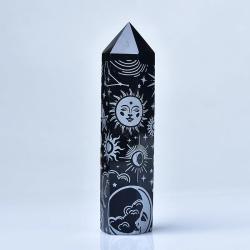 Tour d'obsidienne avec étoiles et lunes dorées : baguette de guérison des chakras et décoration