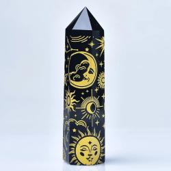 Tour d'obsidienne avec étoiles et lunes dorées : baguette de guérison des chakras et décoration