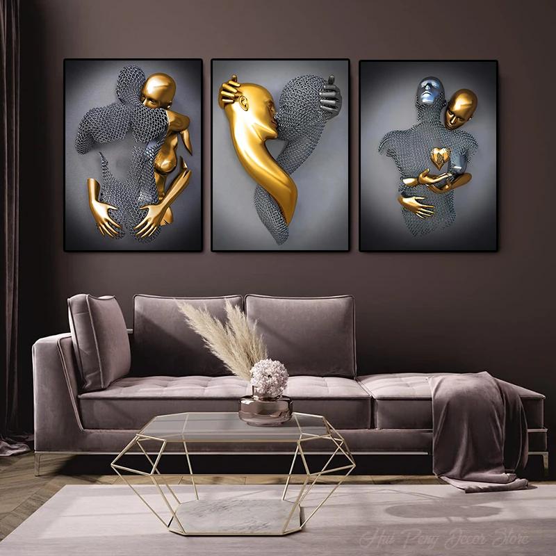 Sarılan Çift 3D Kalp Sanat Baskısı - Gümüş/Altın Efektli