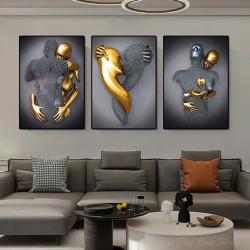 Sarılan Çift 3D Kalp Sanat Baskısı - Gümüş/Altın Efektli