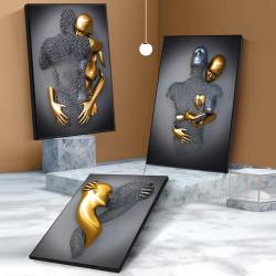 Sarılan Çift 3D Kalp Sanat Baskısı - Gümüş/Altın Efektli