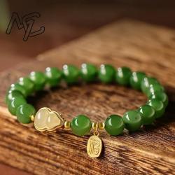 Bracelet en jaspe jade et gourde - Breloque en pierre précieuse verte naturelle