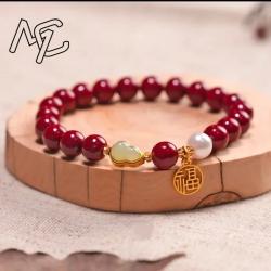 Bracelet en jaspe jade et gourde - Breloque en pierre précieuse verte naturelle