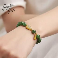 Bracelet en jaspe jade et gourde - Breloque en pierre précieuse verte naturelle