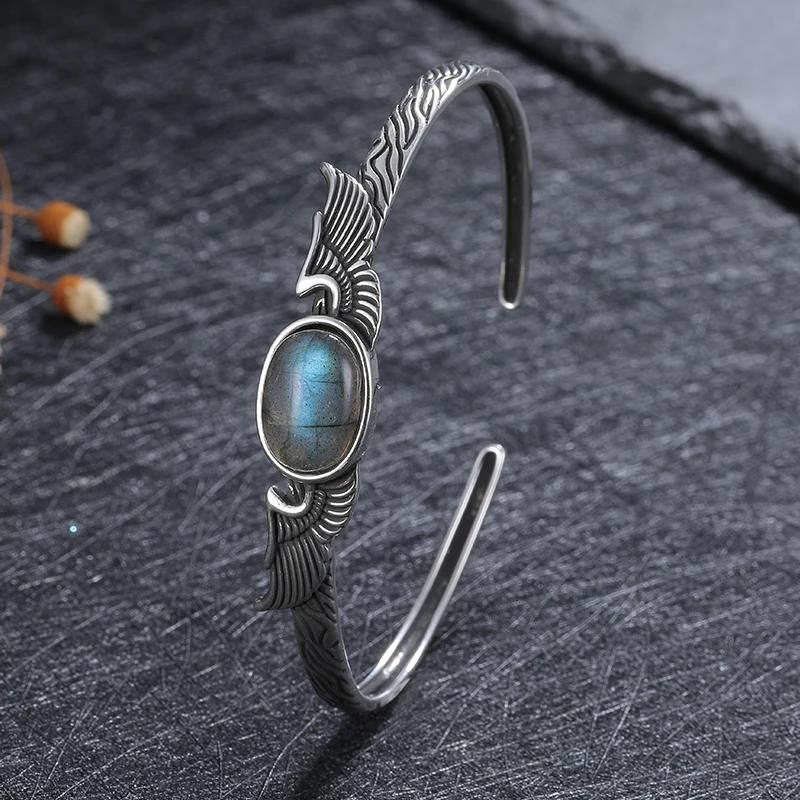 Kadınlar için Vintage Gümüş Labradorit ve Ametist Bileklik