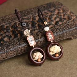 Porte-clés Bouddha en bois avec pendentif lotus et jade - Amulette bouddhiste