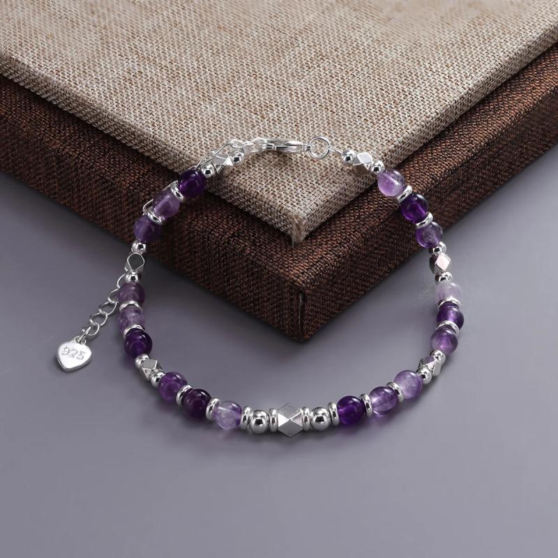 Amethyst Crystal Bracelet for Women | Boho Silver Bead Style