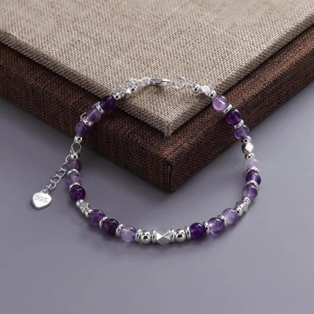 Amethyst Crystal Bracelet for Women | Boho Silver Bead Style