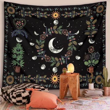 Göksel Ay Evreleri Duvar Halısı | Çiçekli Boho Duvar Dekoru