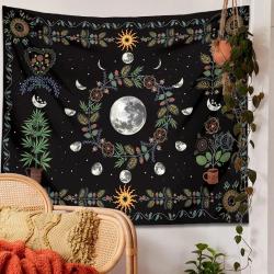 Göksel Ay Evreleri Duvar Halısı | Çiçekli Boho Duvar Dekoru