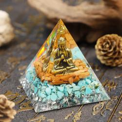 Olivenorma Pyramide Orgonstein - Türkis & Goldfluss Buddha