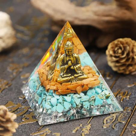 Olivenorma Pyramide Orgonstein - Türkis & Goldfluss Buddha