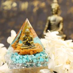 Olivenorma Pyramide Orgonstein - Türkis & Goldfluss Buddha