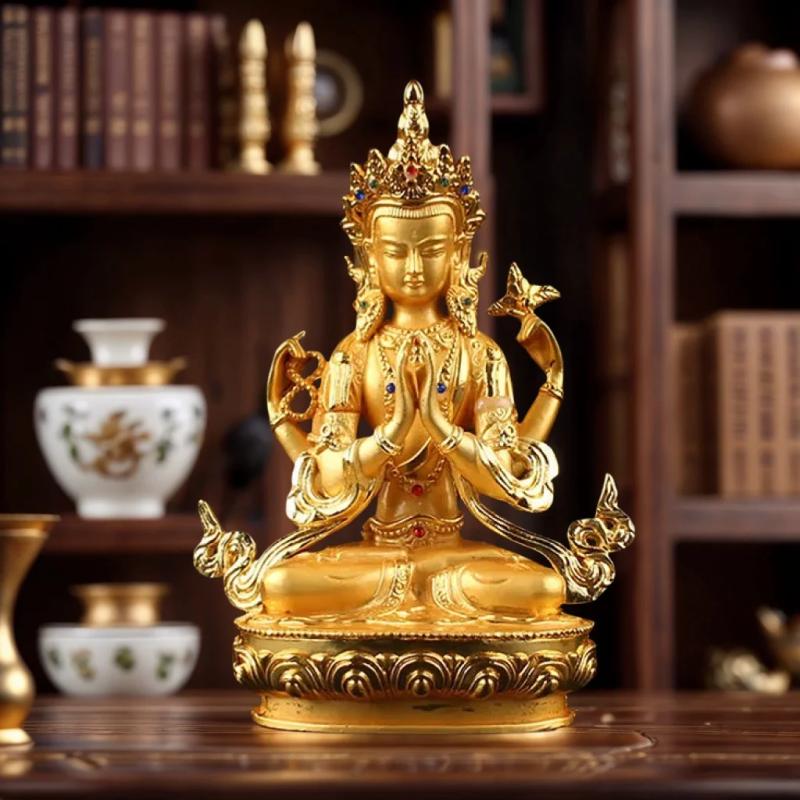 Vergoldete Guanyin-Statue | 15 cm große tibetisch-buddhistische Figur