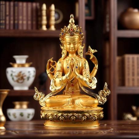 Vergoldete Guanyin-Statue | 15 cm große tibetisch-buddhistische Figur