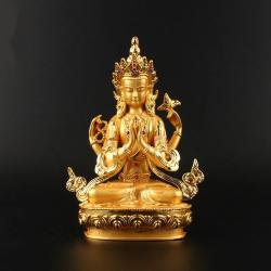 Vergoldete Guanyin-Statue | 15 cm große tibetisch-buddhistische Figur