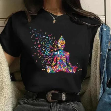 Çakra Sembolü ve Yoga Tasarımlı Suluboya Desenli Kadın Tişörtü