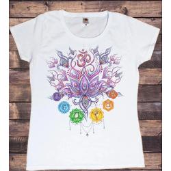 Çakra Sembolü ve Yoga Tasarımlı Suluboya Desenli Kadın Tişörtü
