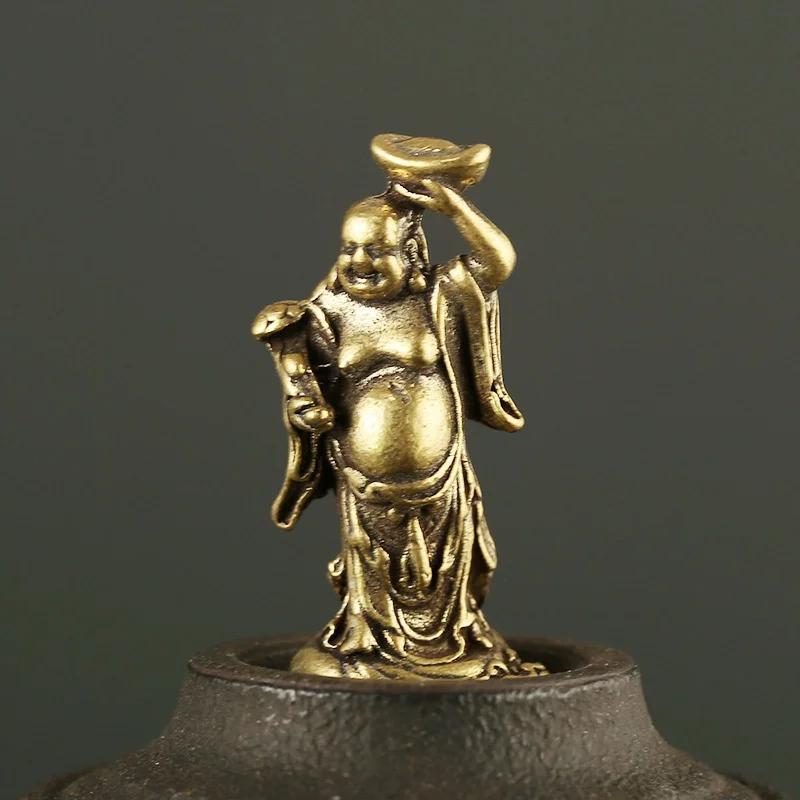 Mini Copper Maitreya Buddha Figurine: Brass Pocket Ornament Decor