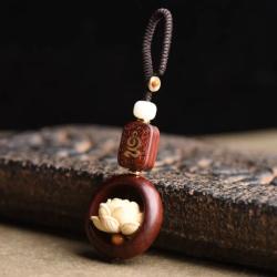 Mini-Schlüsselanhänger aus Holz mit Buddha-Motiv und Lotus-Anhänger – Buddhistisches Geschenk