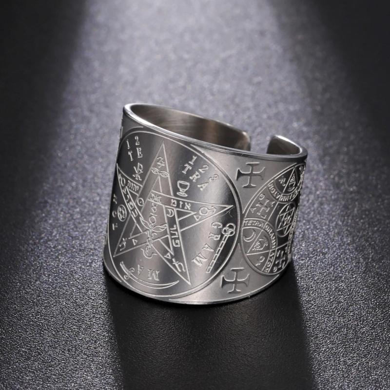 Bague amulette en acier inoxydable : tétragramme et pentagramme
